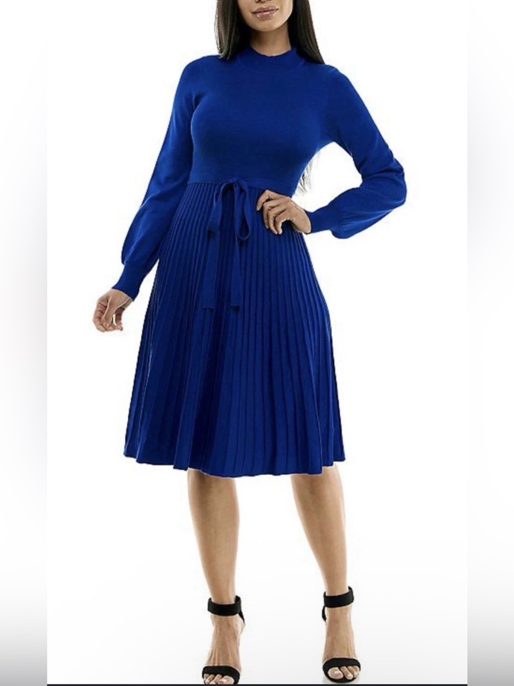 Nina Leonard Cobalt Blue Mock Neck Pleated Sweater Midi Dress M NWOT No Belt